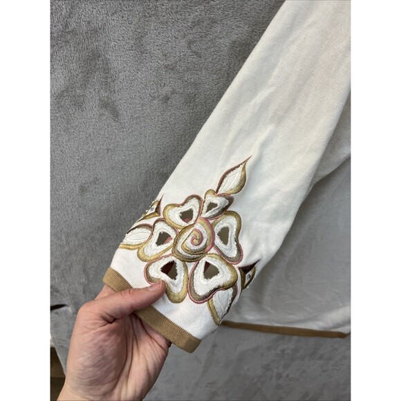Bob Mackie Cardigan Sweater Women’s 1X Ivory Beige Embroidered Layering Floral - Picture 2 of 7